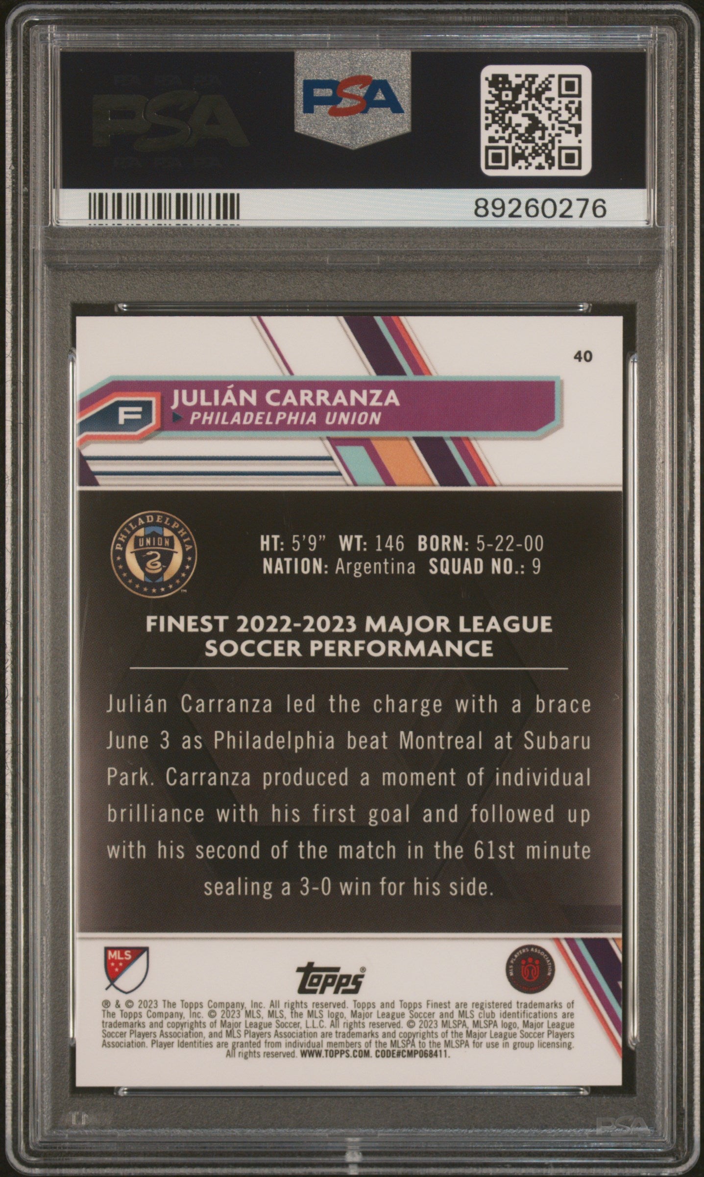 2023 Topps Finest MLS Julian Carranza Black #40 PSA 10 Gem Mint